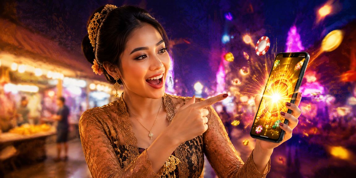 Pengguna memainkan casino mobile powerjitu di pasar malam yang ramai