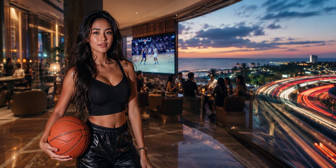 Pengguna memantau taruhan basket di tepi pantai menggunakan smartphone
